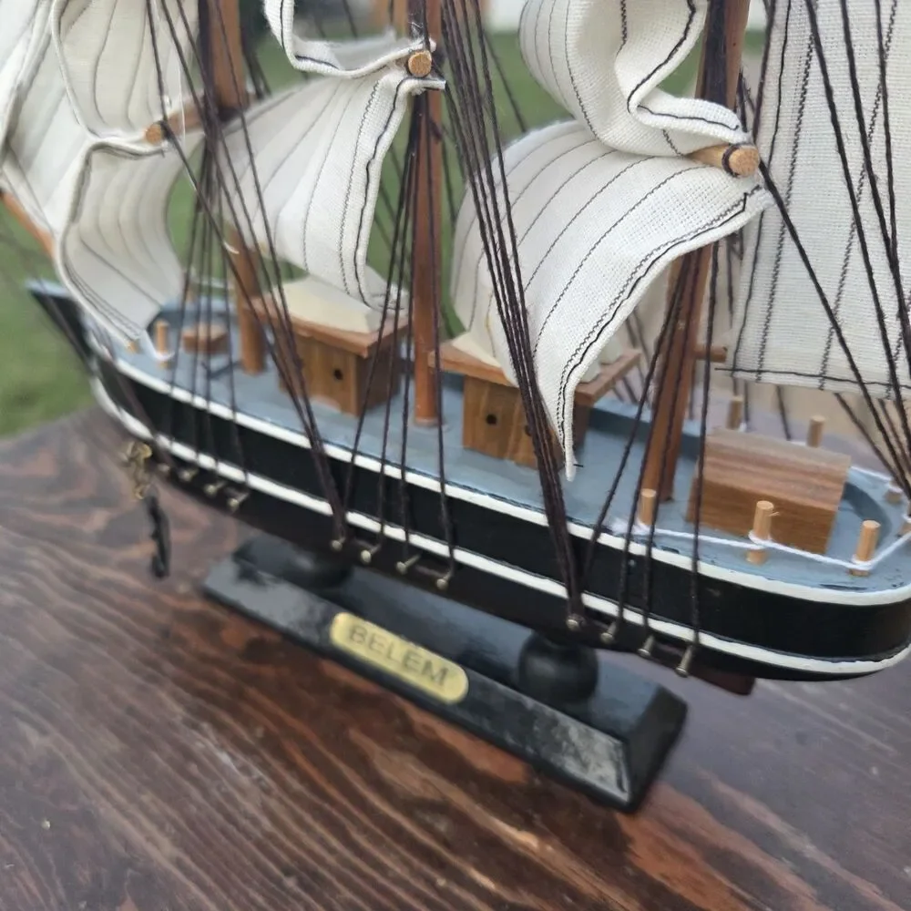 VTG Belem Sailboat Model Wood Cloth Sails Black White Desktop Display